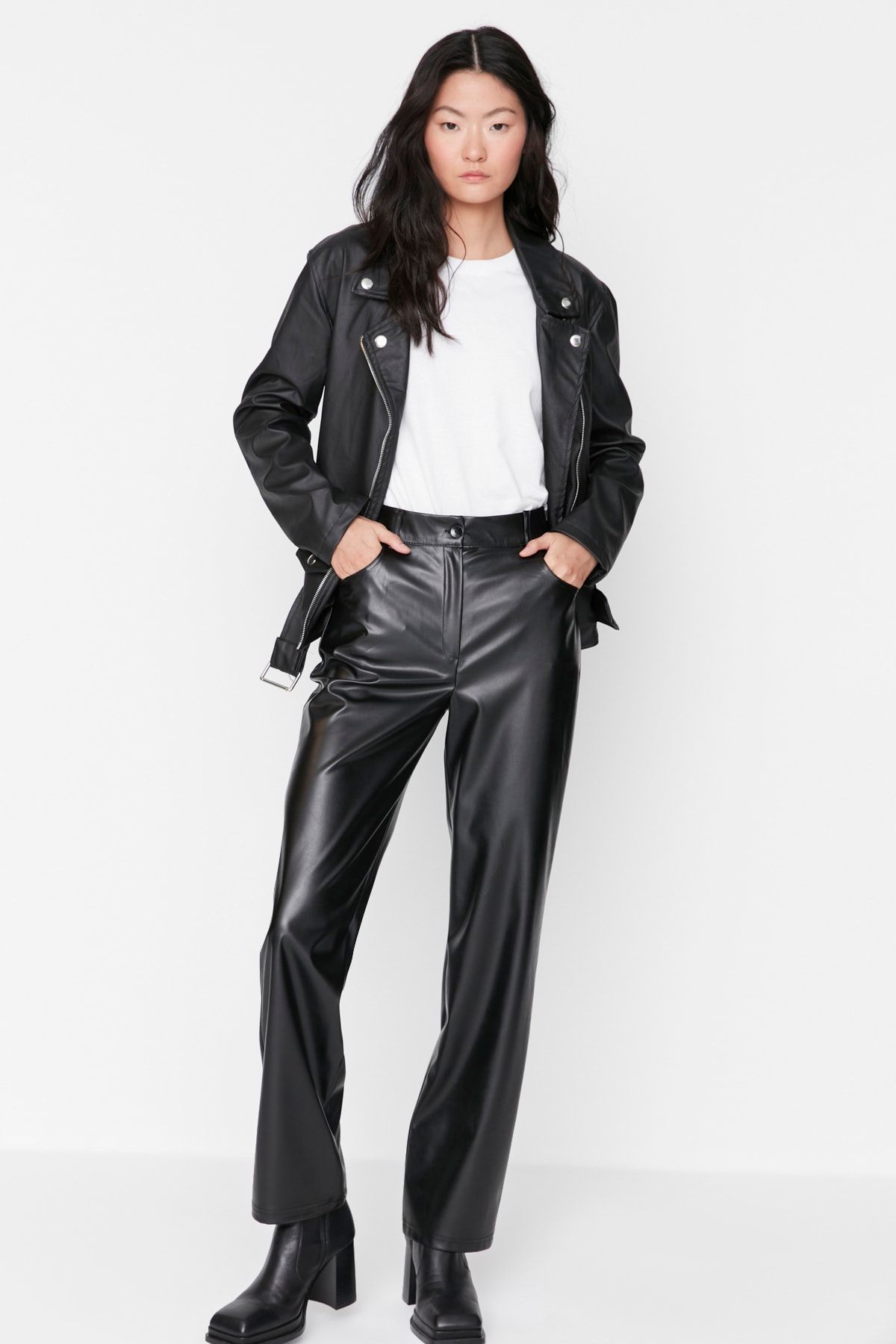 Trendyol Collection Black Cigarette Woven Faux Leather Trousers