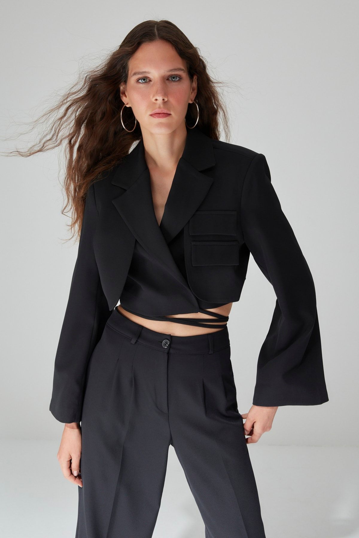 Black Woven Lace Sleeve Belt Blazer, Two Piece Sets