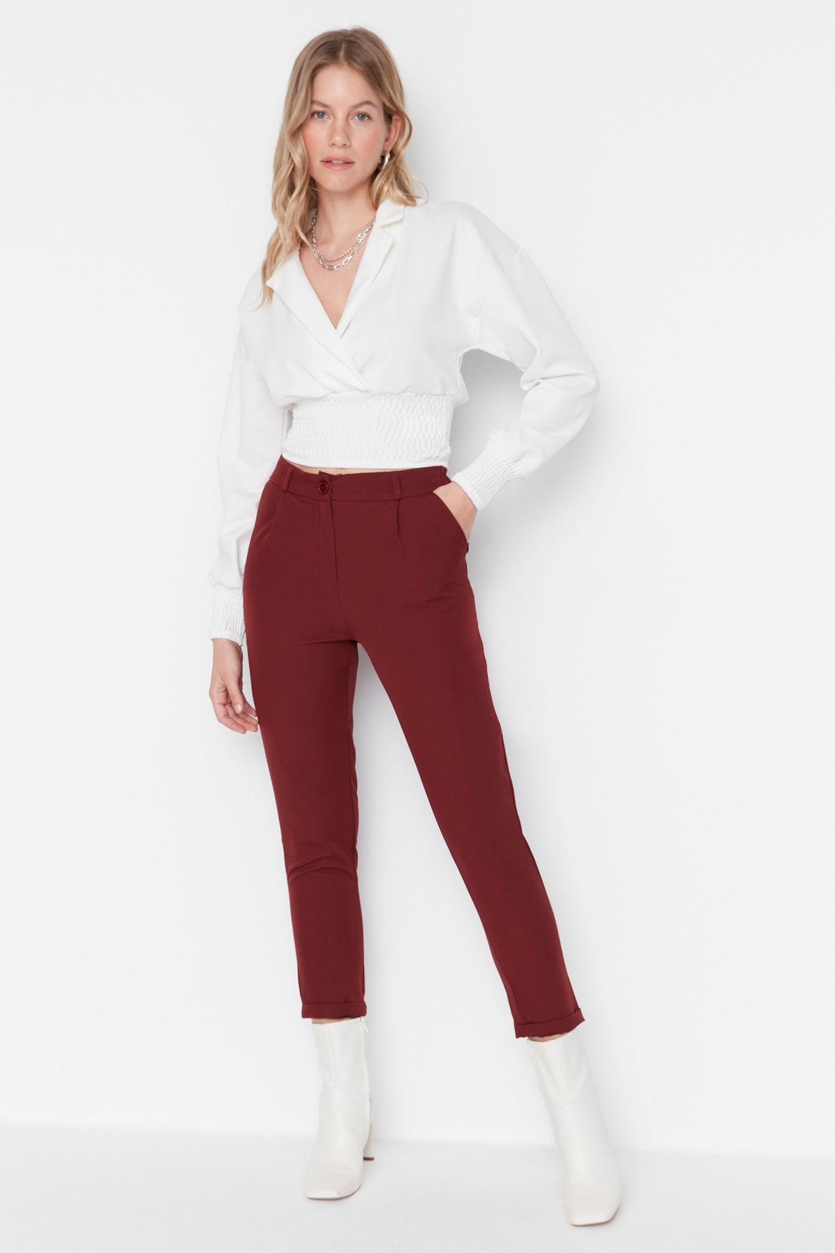 Burgundy top cigarette trousers