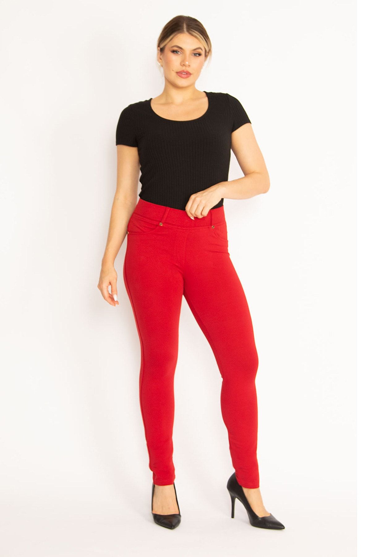 Şans Women's Large Size Red Leggings with Front Decoration and Back Pockets  65n34534 - Trendyol