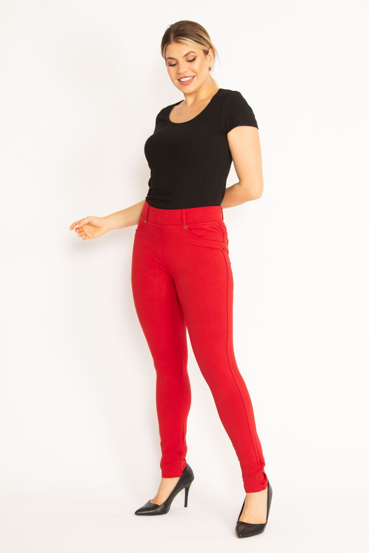 Şans Women's Large Size Red Leggings with Front Decoration and