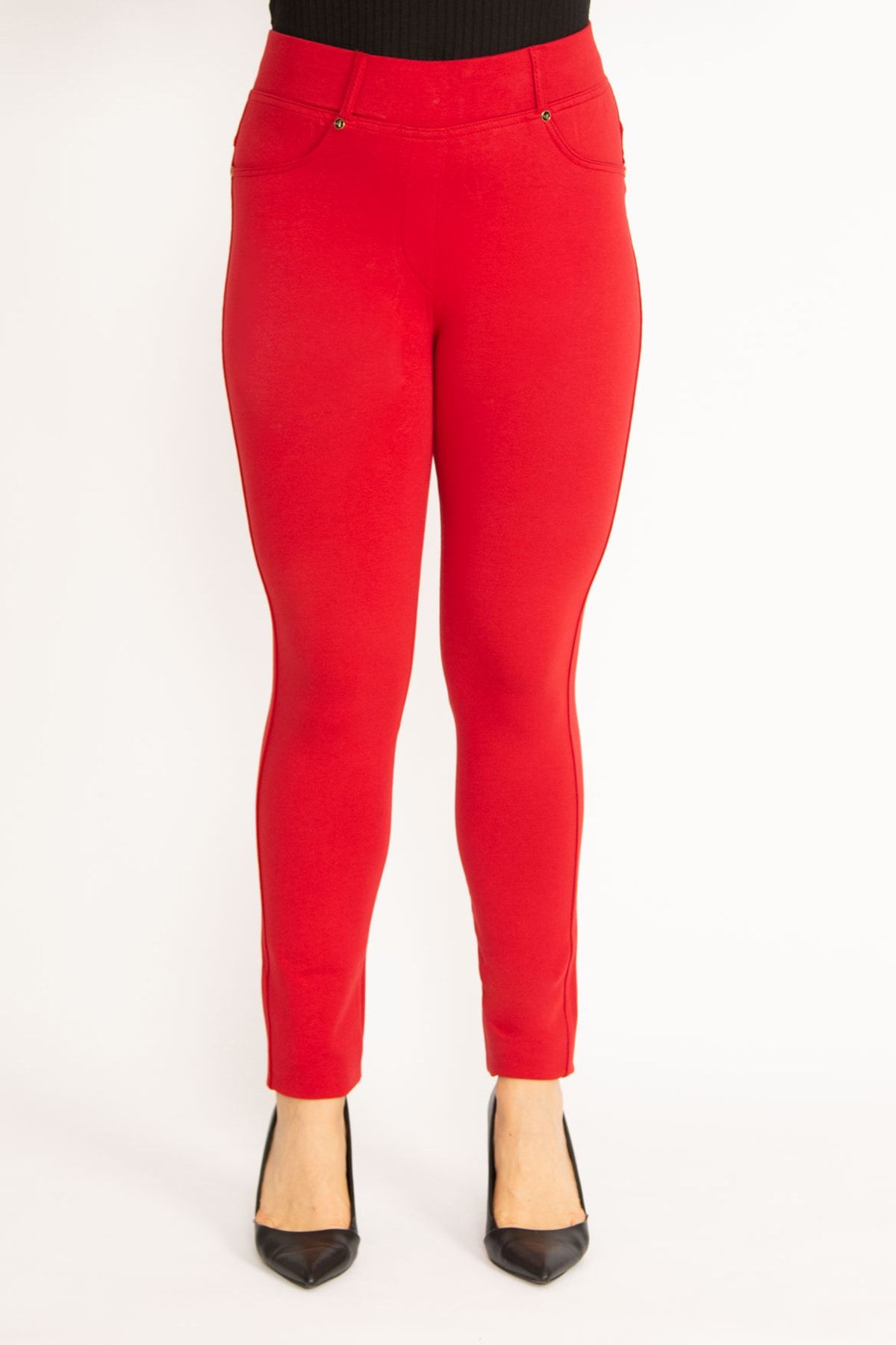 Şans Women's Large Size Red Leggings with Front Decoration and Back Pockets  65n34534 - Trendyol