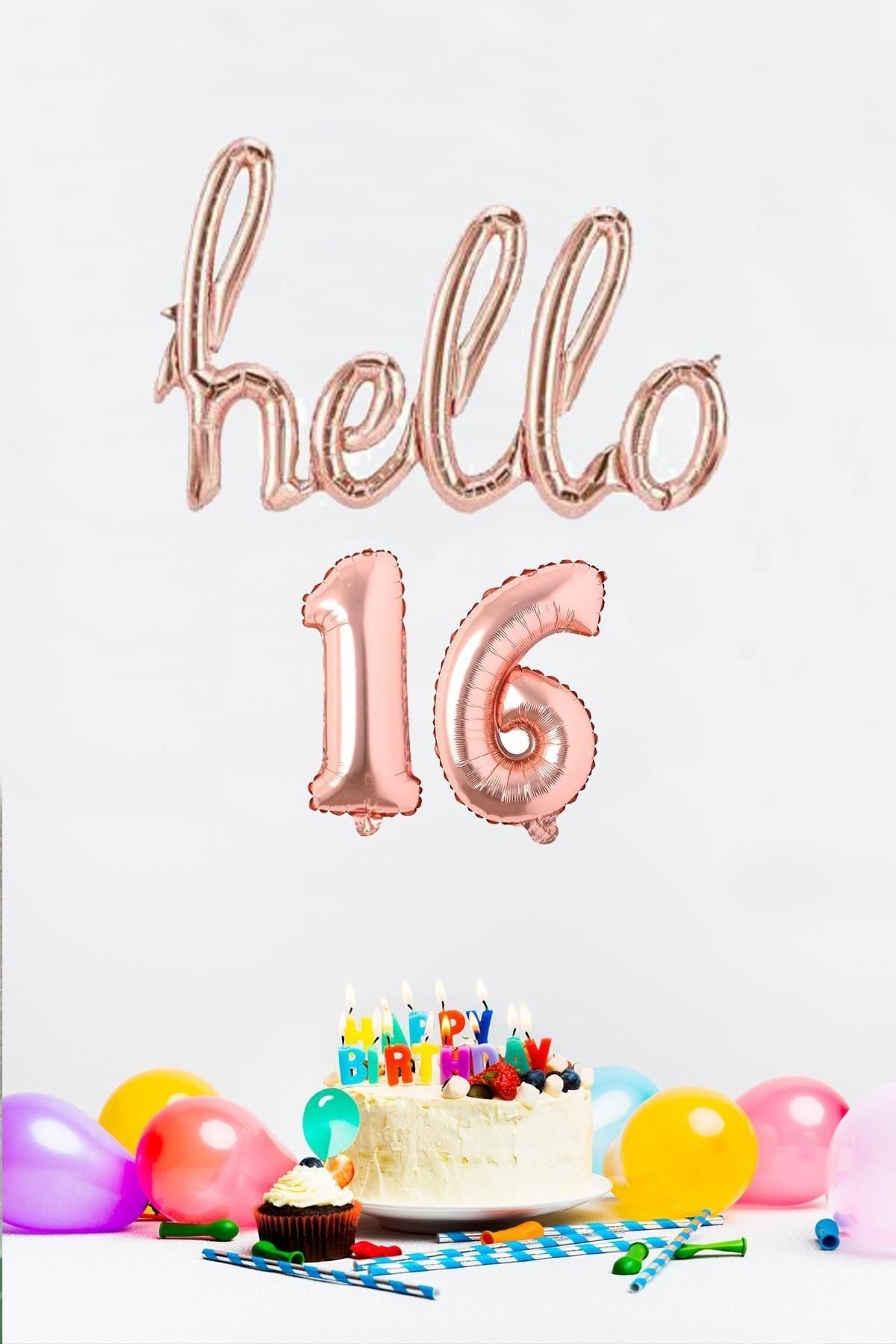 PEKSHOP 16 Years Birthday Balloons Hello 16 Handwritten Rose Gold Color Foil Balloon