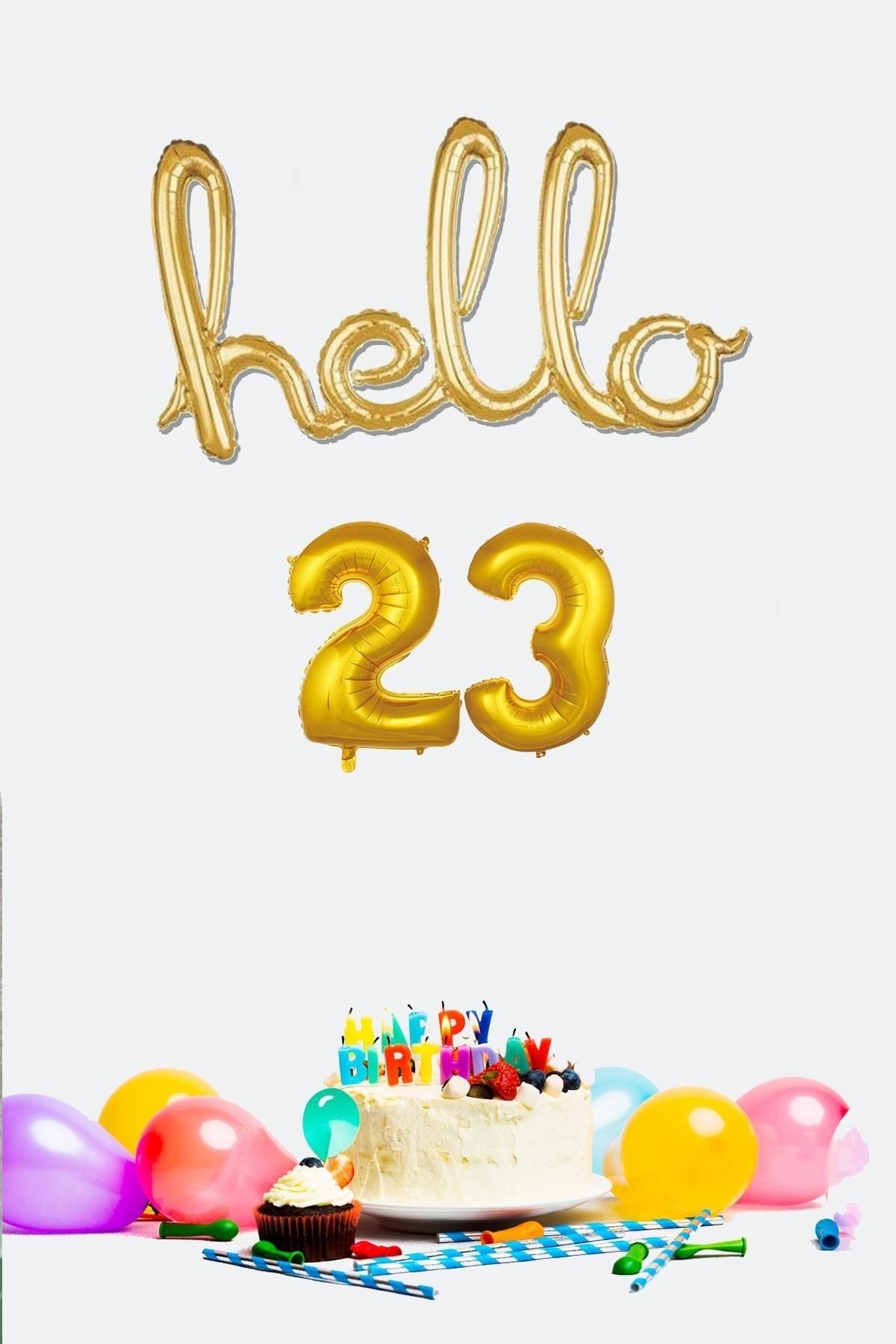 PEKSHOP 23 Years Birthday Balloons Hello 23 Handwritten Gold
