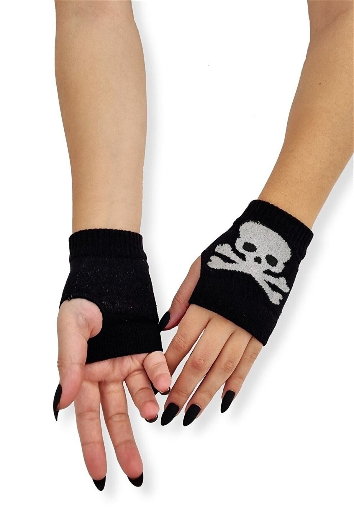 Y MODA Plain Black Cut Finger Skull Short Gloves Sleeve Trendyol
