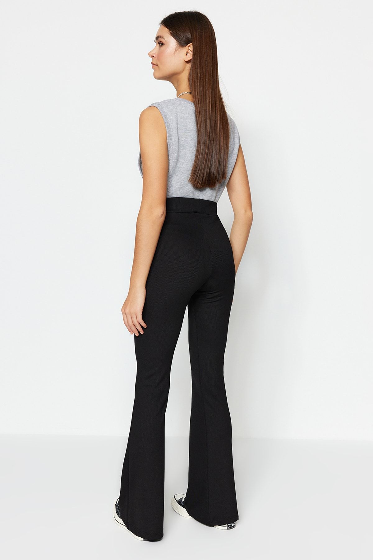 Trendyol Collection Anthracite Ribbed Flare / Flare Leg High Waist