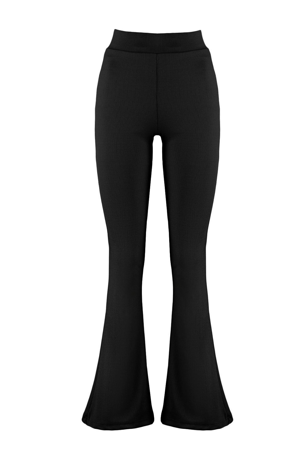 Trendyol Collection Black Ribbed Flare Flare Leg High Waist