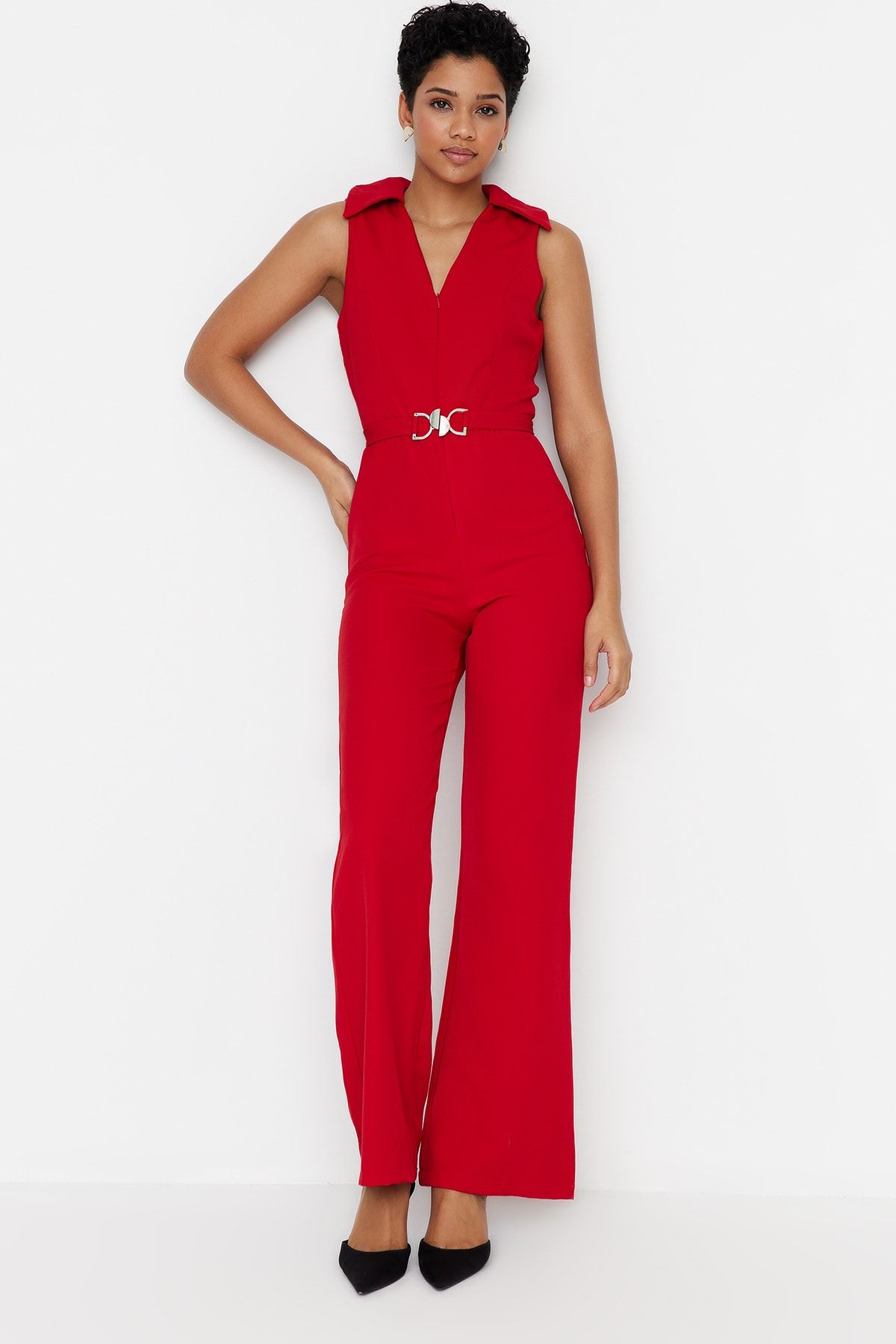 Red belted sale jumpsuit