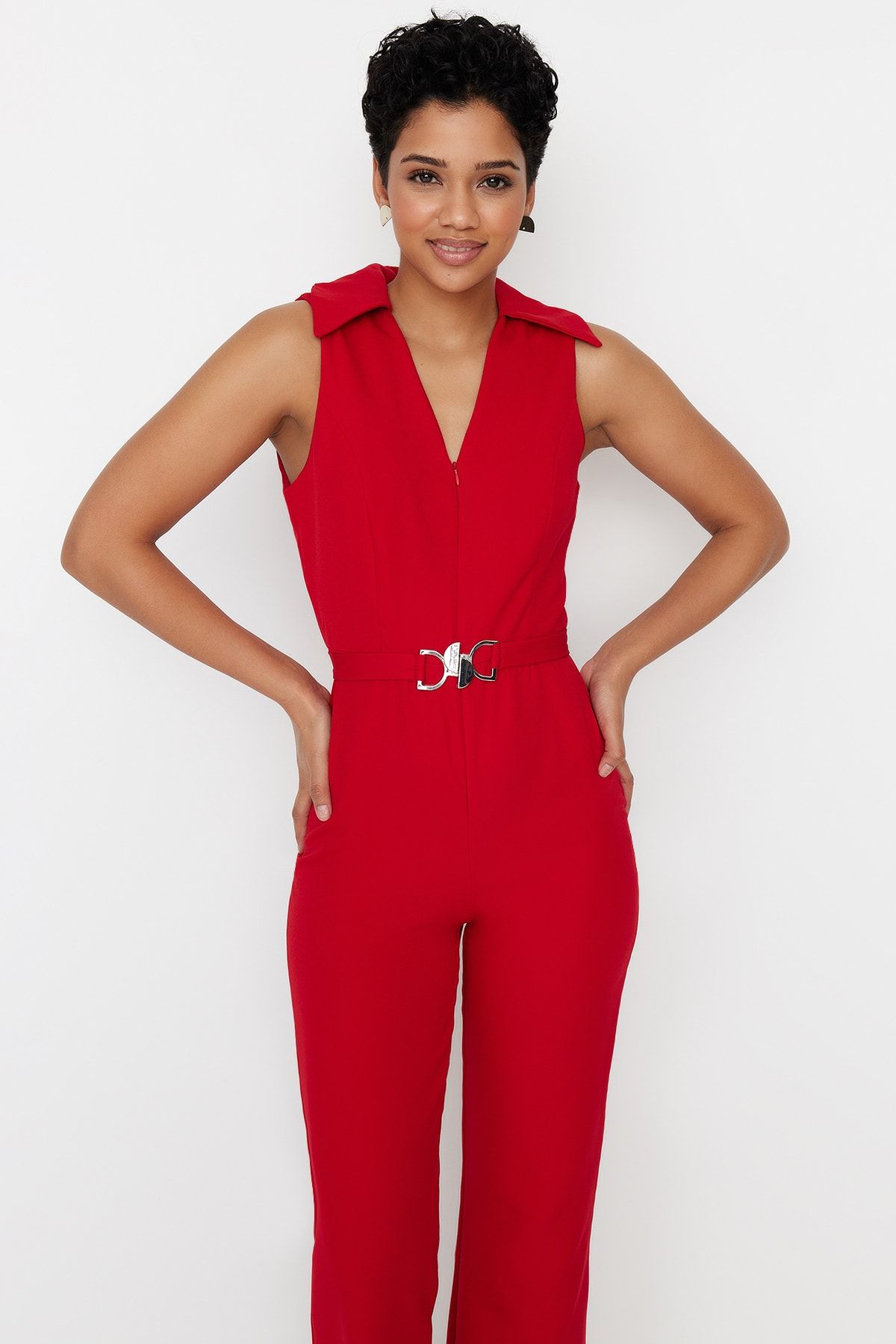 Trendyol Collection Red Belted Maxi Woven Jumpsuit TWOSS23TU00013