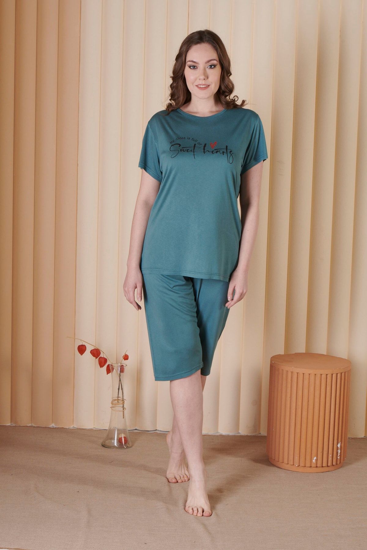 MyBen Women's Leaf Green Color Printed Short Sleeve Capri Pajama Set  K-20124 - Trendyol