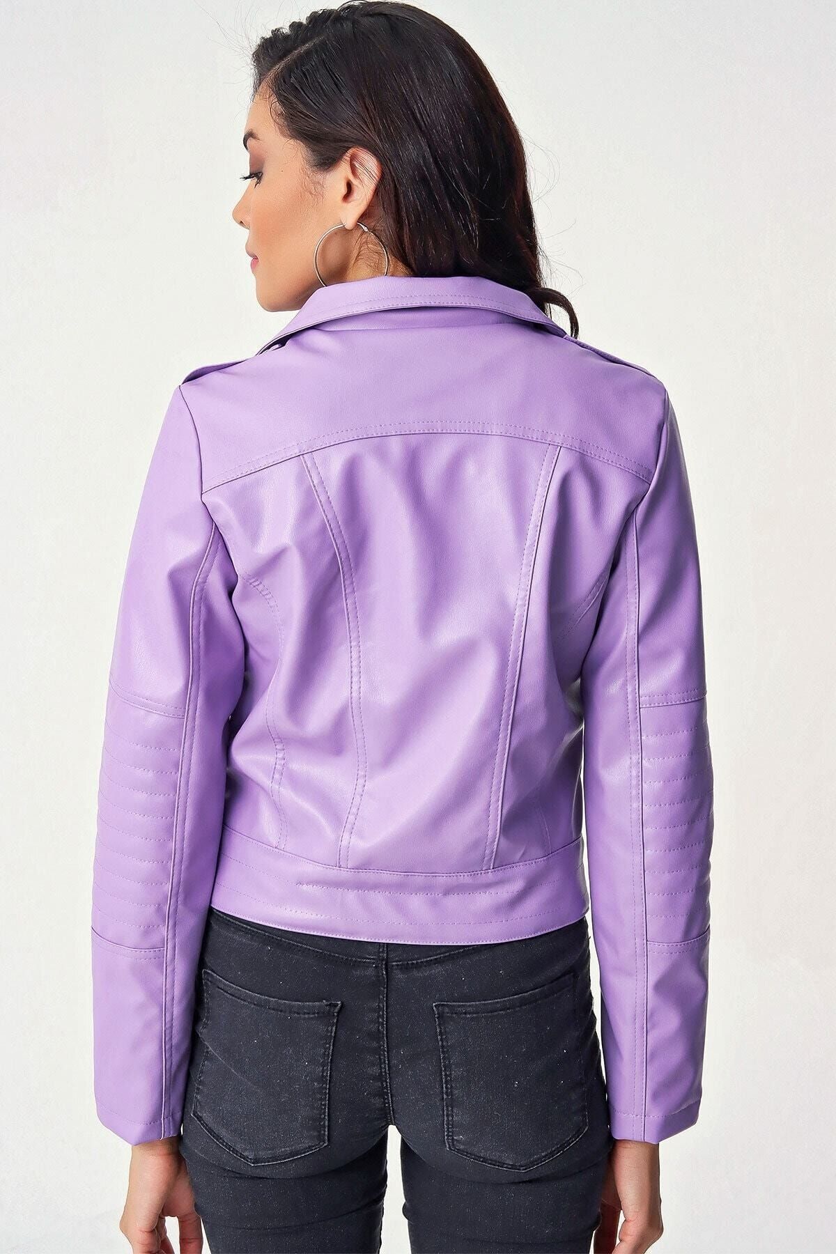 hazelin Women s Lilac Short Faux Leather Lined Biker Jacket Hzl22w