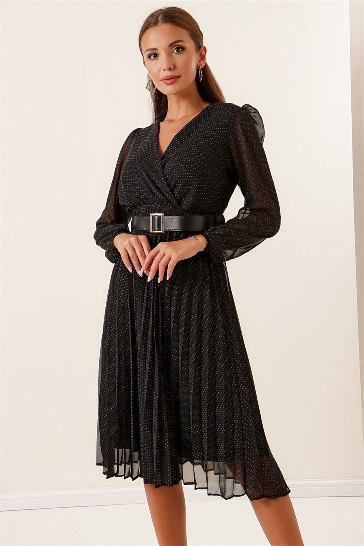 By Sayg Double Breasted Collar Belted Lined Spotted Pleated