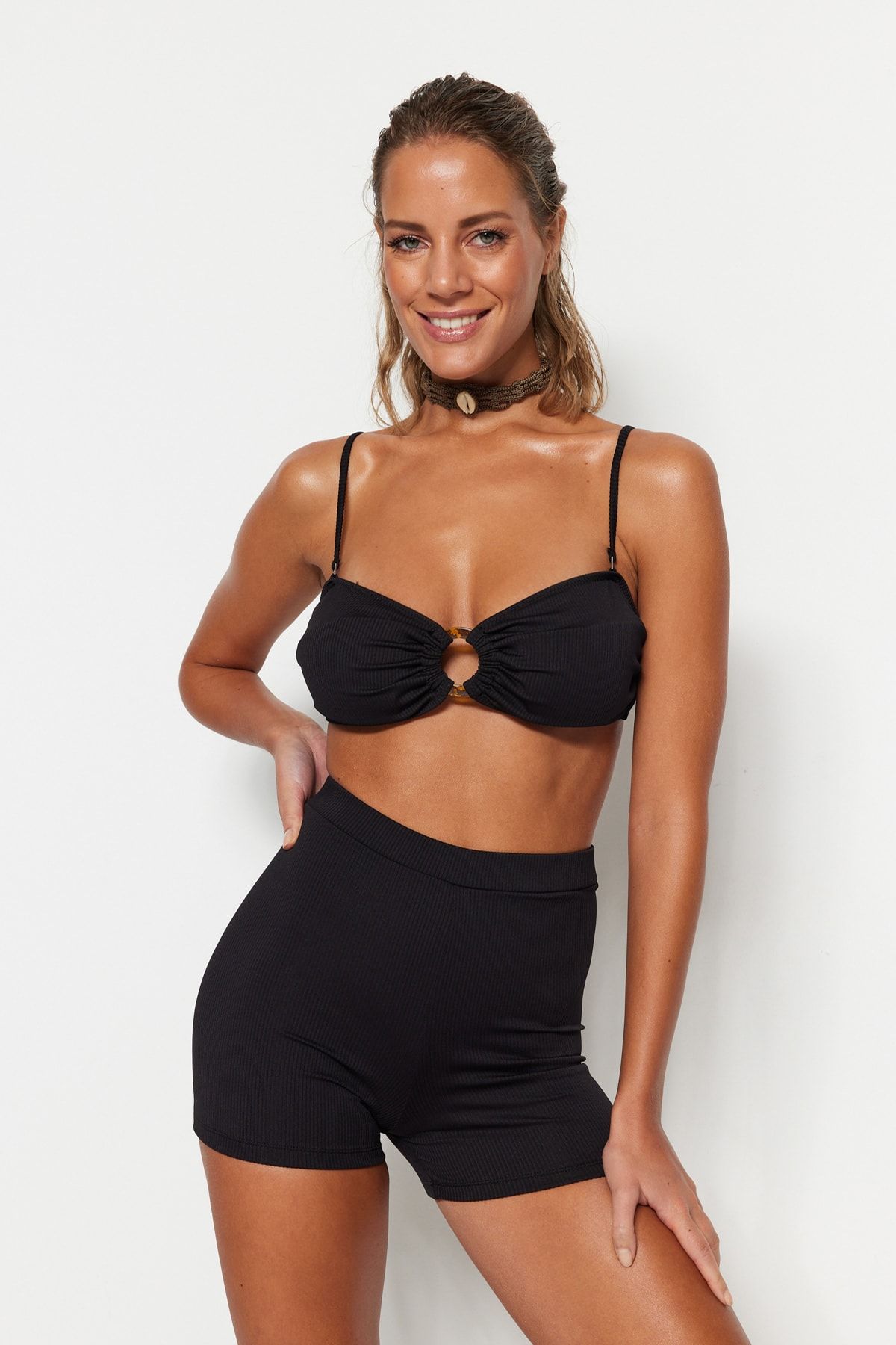 Trendyol Collection Black Textured High Waist Shorts Bikini Bottom