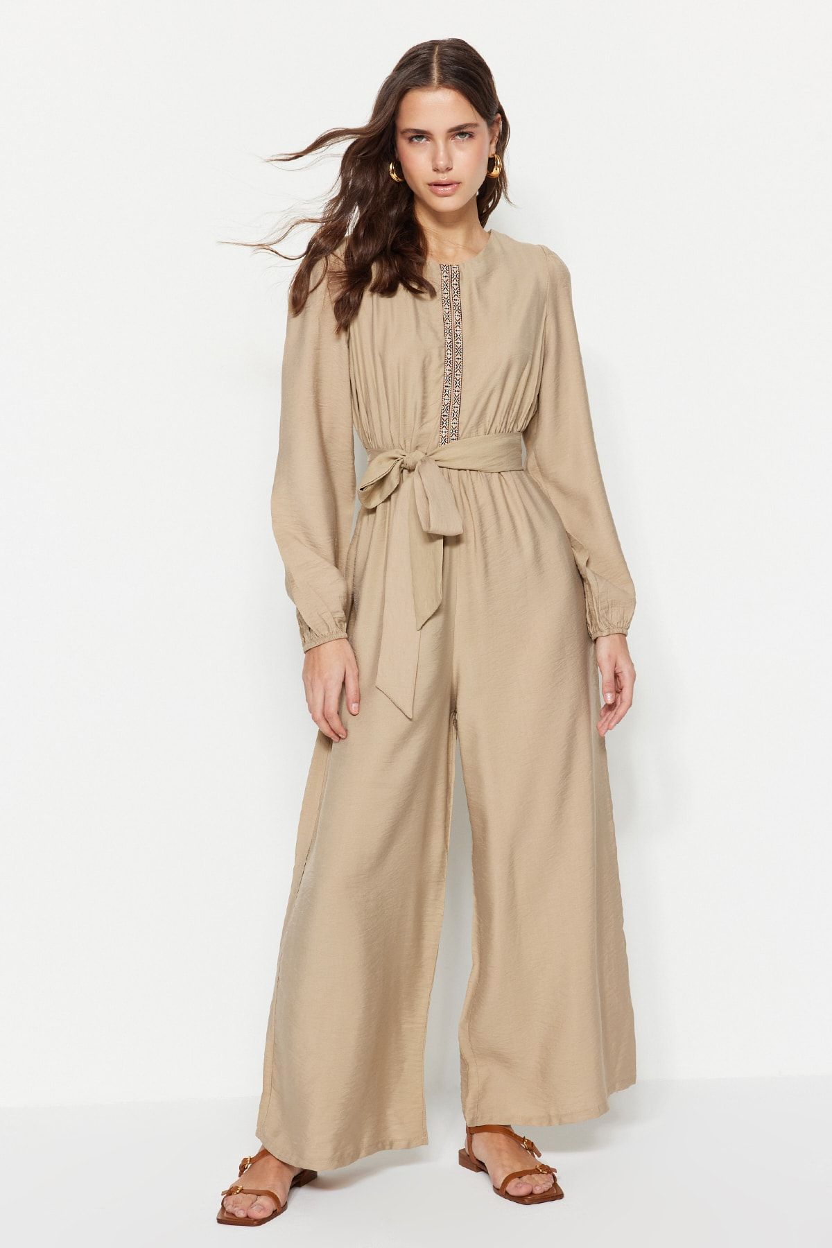 TRENDYOL MODEST Mink Belted Stripe Detailed Wide Leg Woven