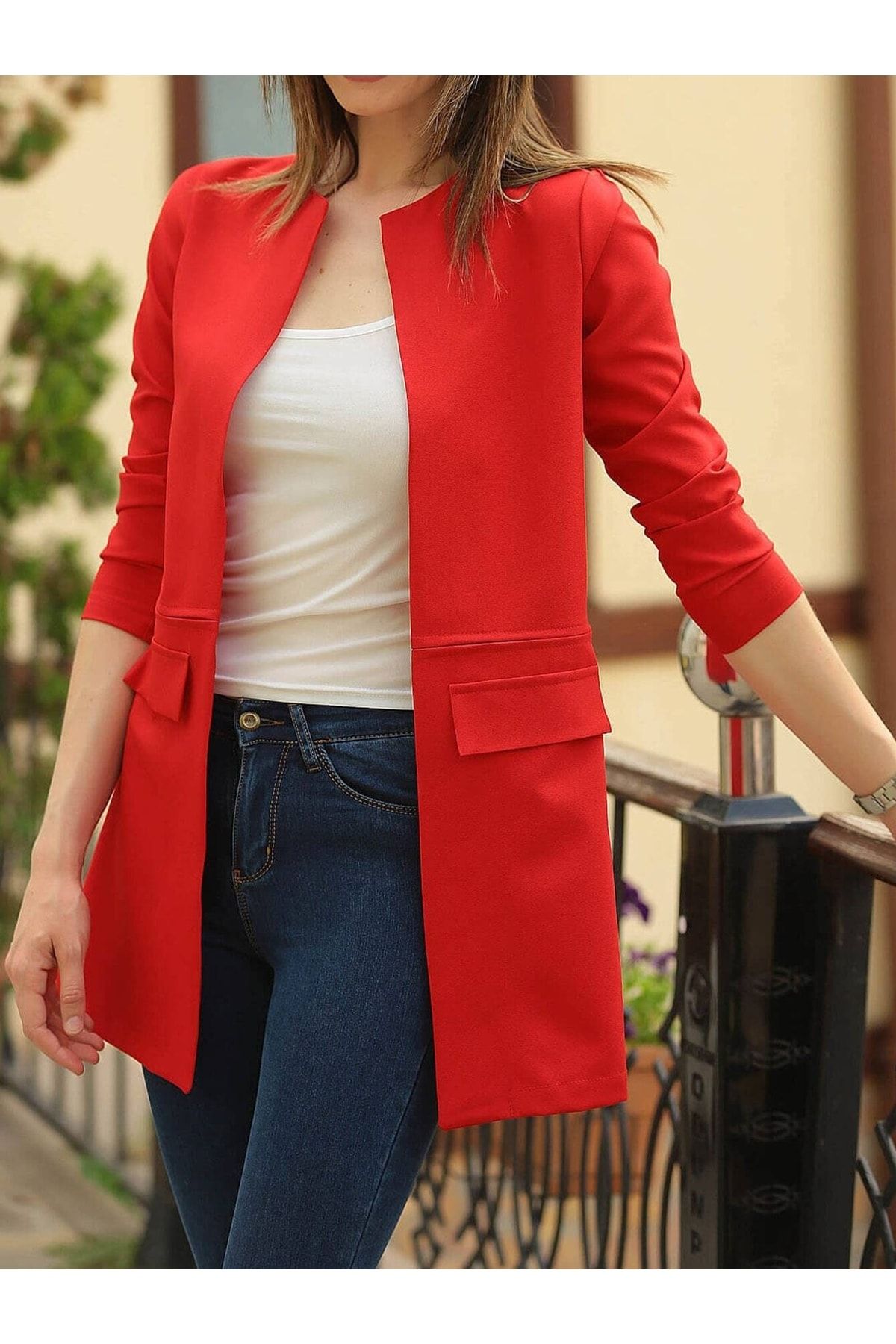 armonika Women s Red Waist Stitched Long Jacket ARM 18K001308
