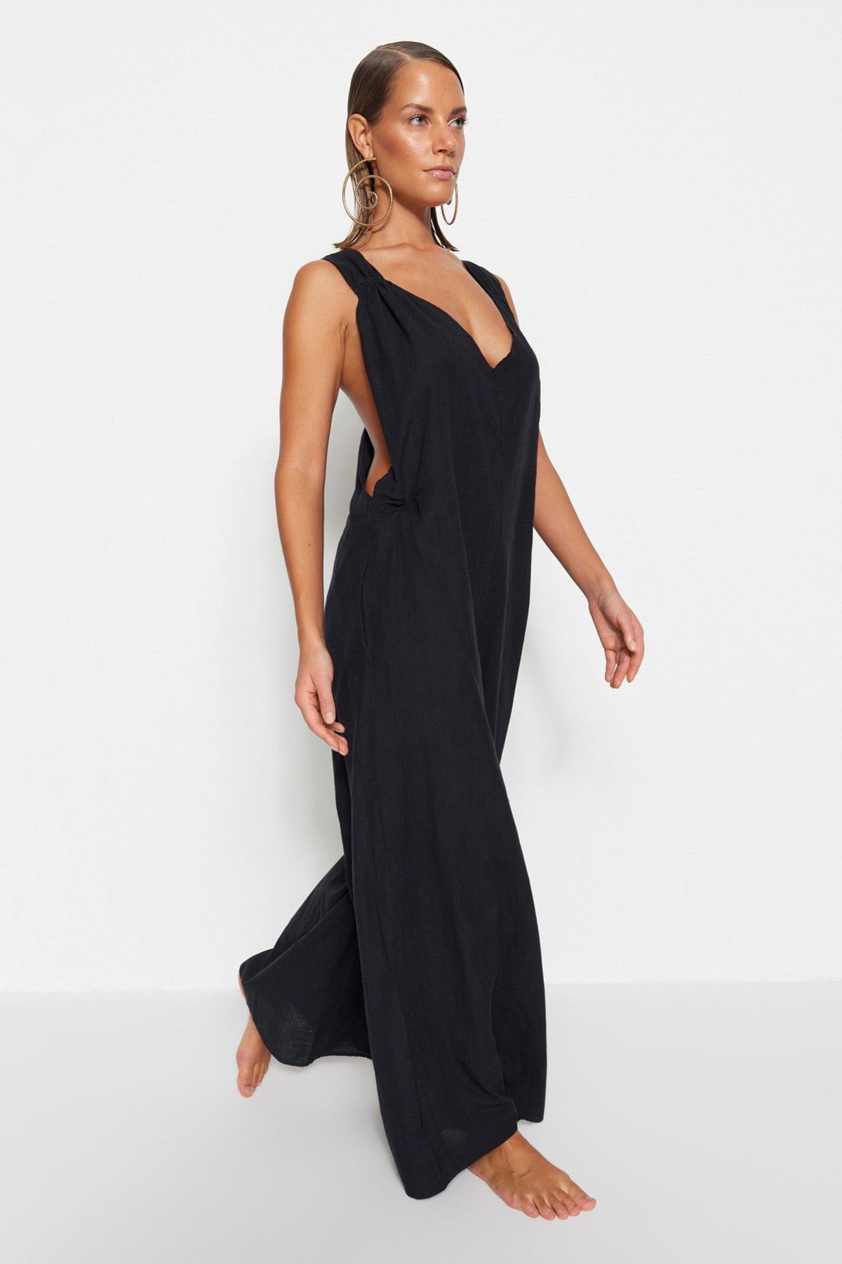 Trendyol Collection Black Woven Gathered 100 Cotton Jumpsuit