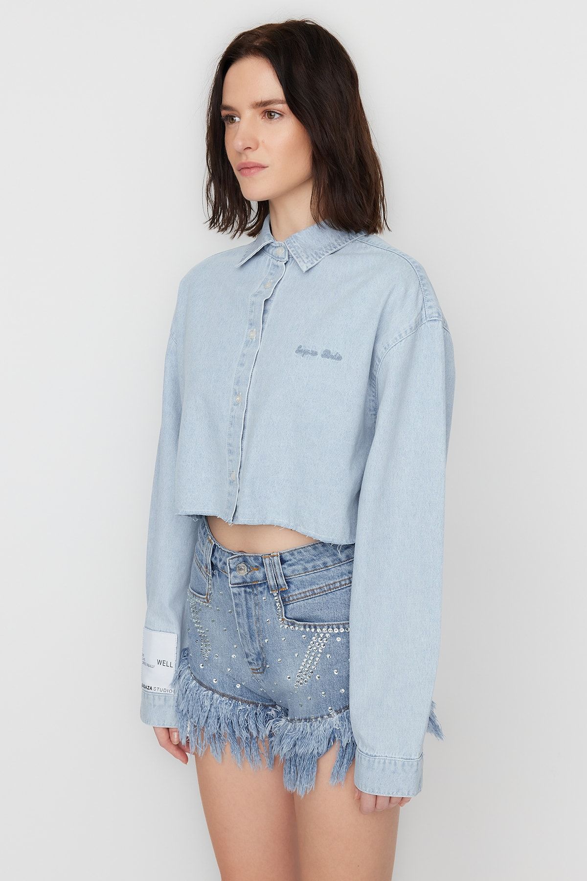 Denim shirt shop crop top