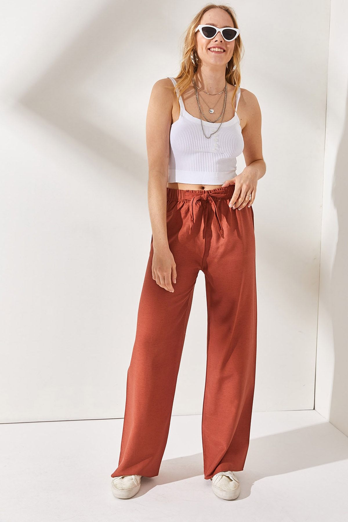 Ladies Red Linen Trousers With Elasticated Waist and Belt, Women's