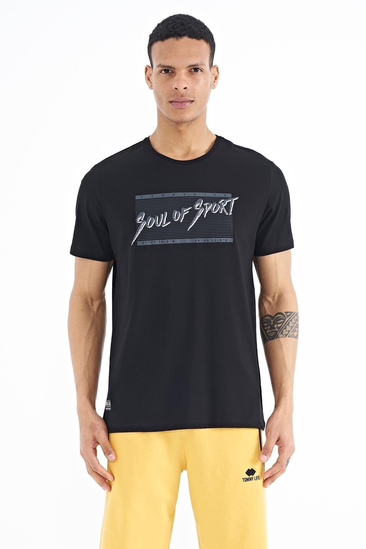 Tommy Life Black Text Pattern Printed Standard Fit O Neck Men s T