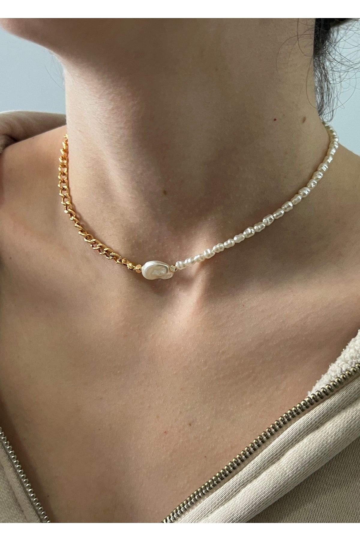 Half pearl top half chain necklace