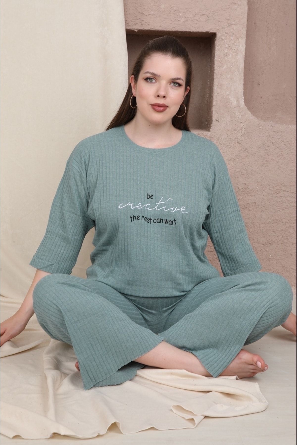 FAMES PİJAMA Mint Camisole Plus Size Pajama Set - Trendyol