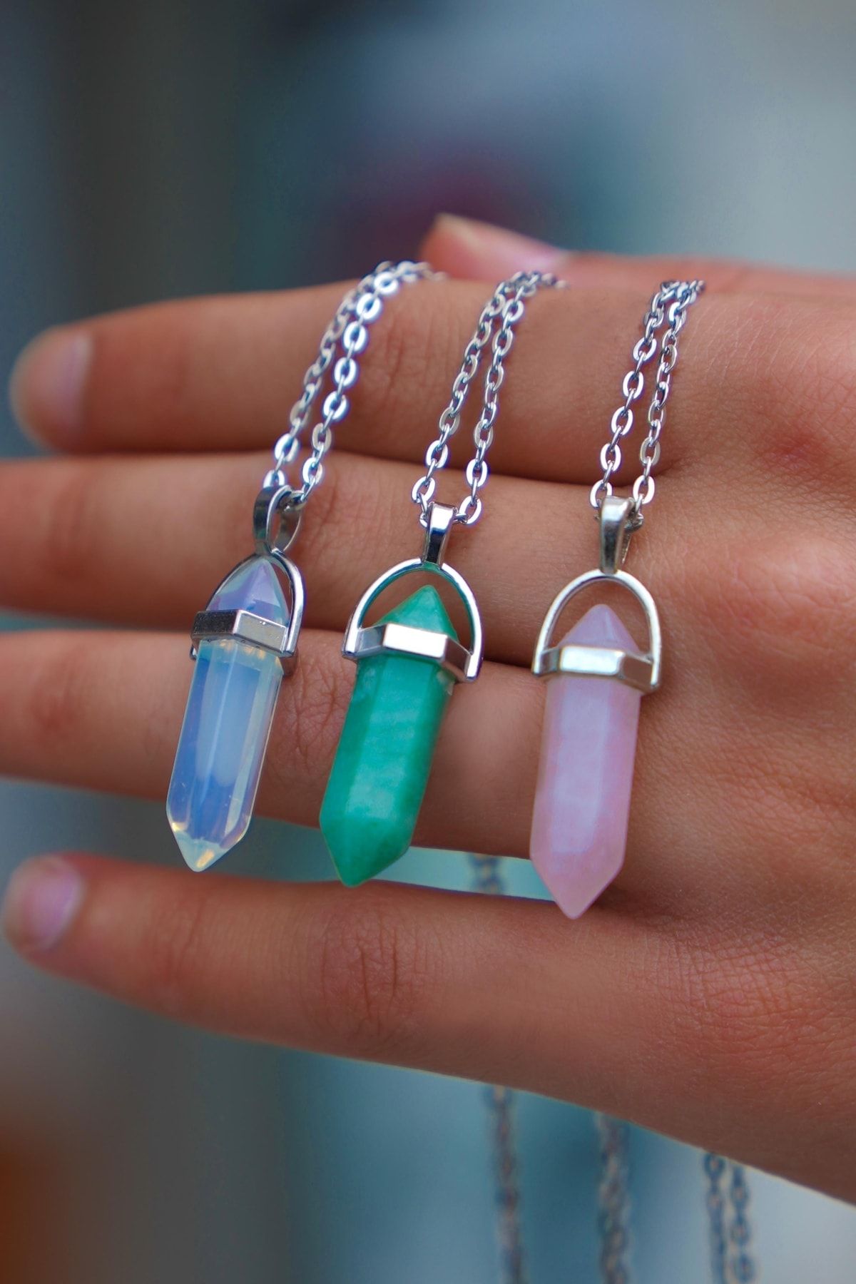 The Collection Pink Quartz Aventurine Moonstone Natural Stone Set of 3 Crystal Necklace