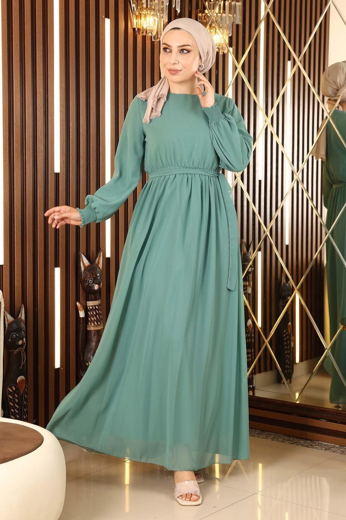 ModaMihram Chiffon Evening Dress with Elastic Cuff Mint 12003