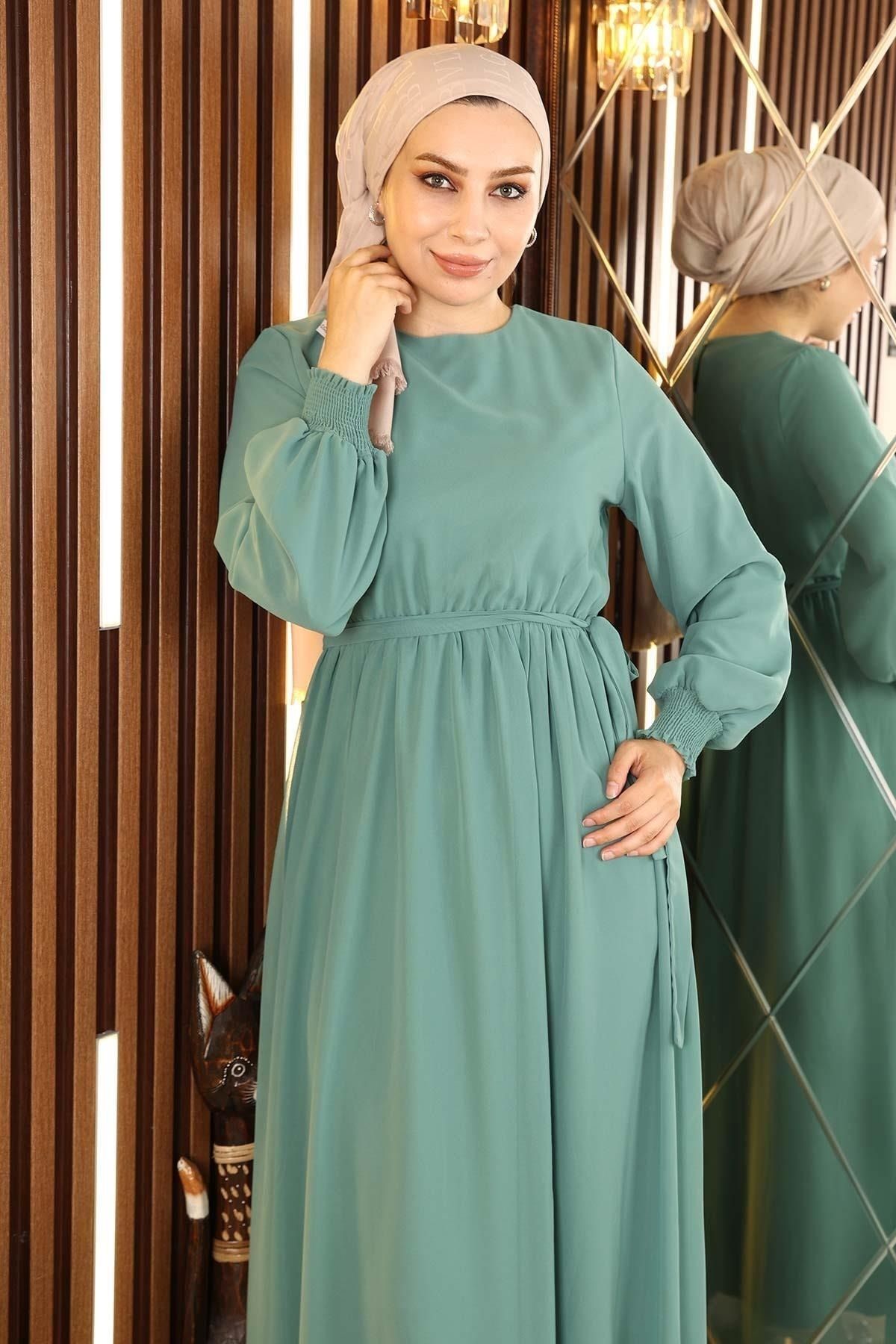 ModaMihram Chiffon Evening Dress with Elastic Cuff Mint 12003