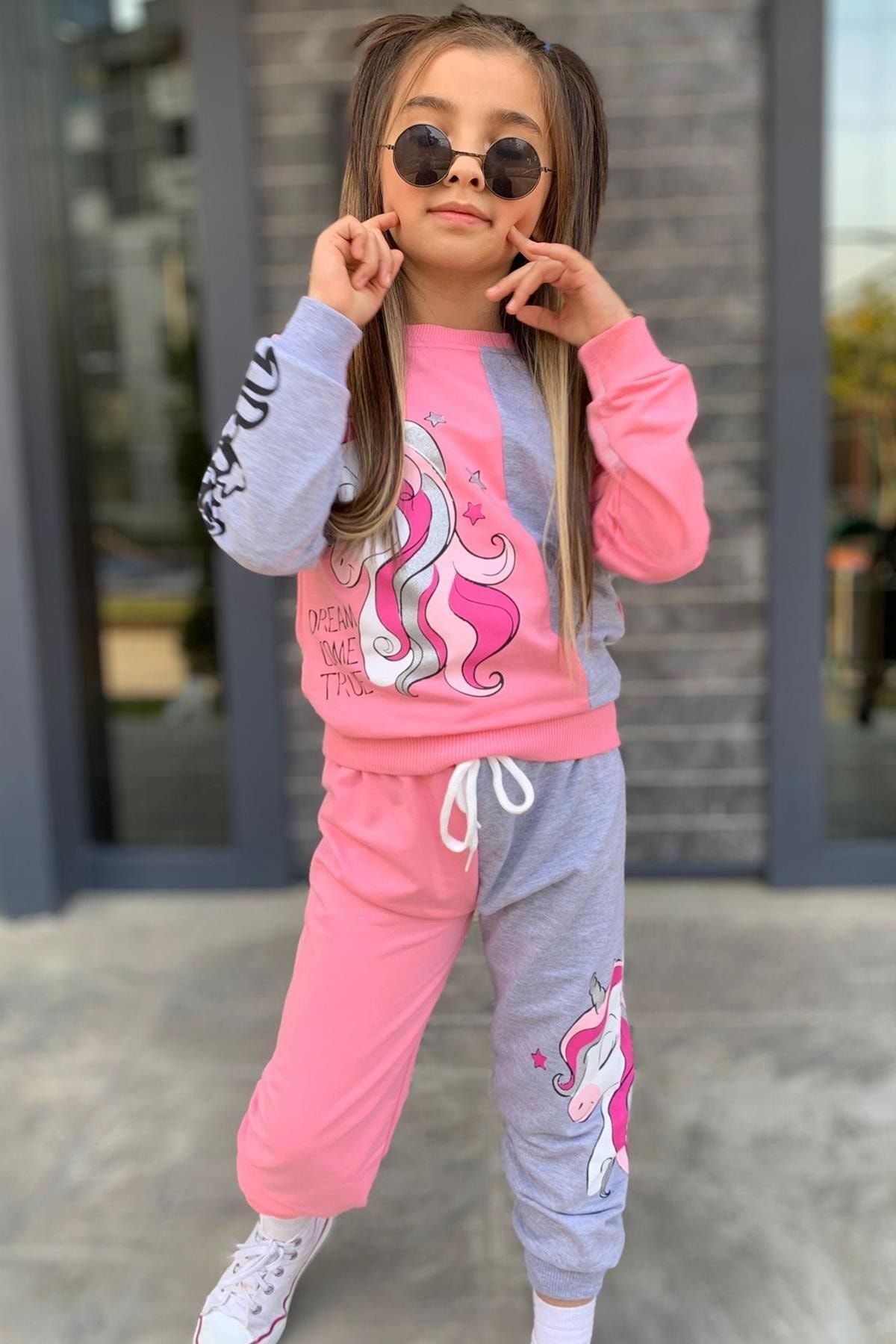 Riccotarz Girl s Unicorn Printed Rope Detailed Pink Tracksuit Set