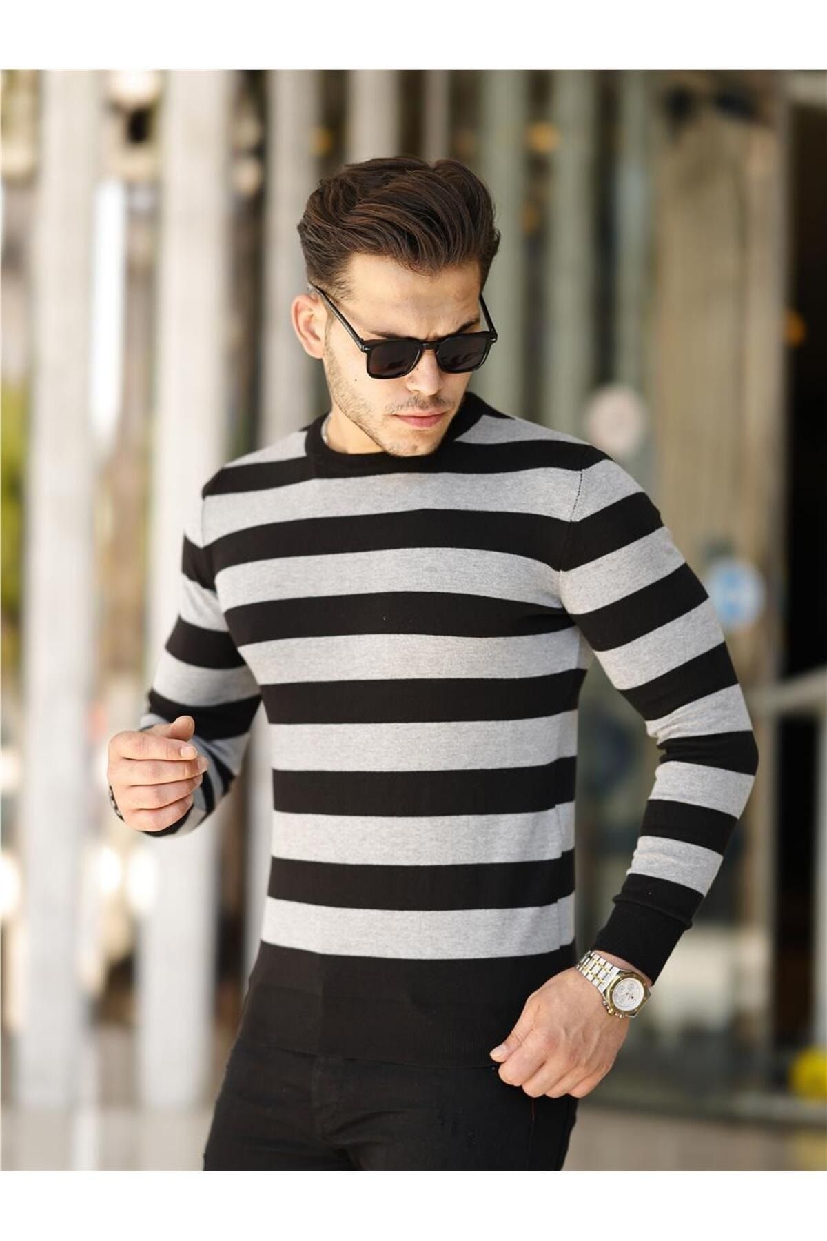 Tarz Cool Grey Black Men s Slim Fit Crew Neck Striped Knitwear Sweater TRZ19140R03S