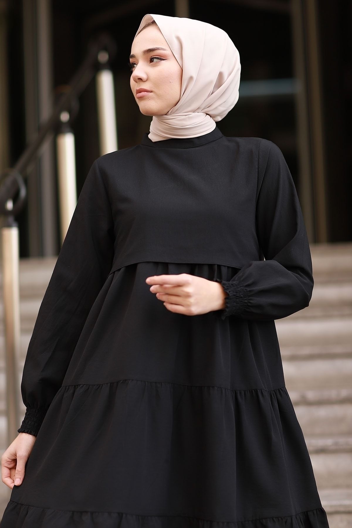 InStyle Single Layer Detailed Casual Hijab Dress Black Trendyol