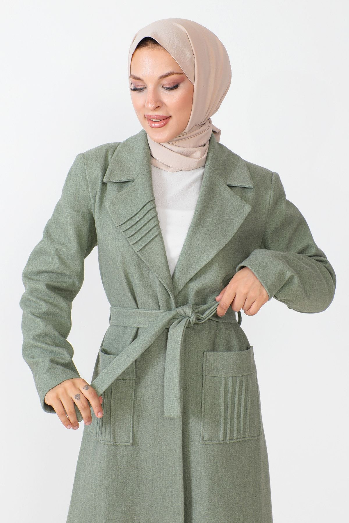 Tesett r D nyas Waist Belted Cashmere Coat TSD230804 Mint Green