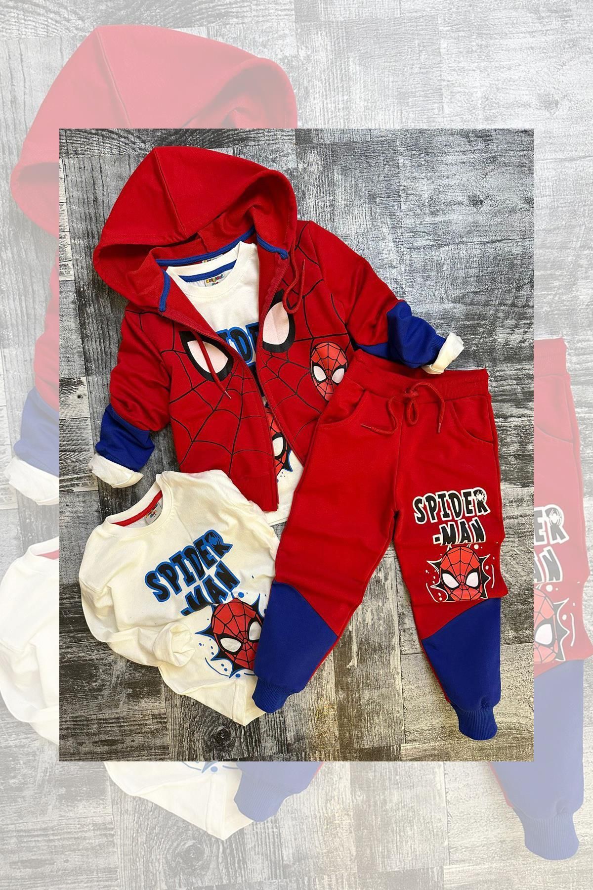 Riccotarz Boy s Spiderman Printed Hooded 3 Piece Red Tracksuit Set