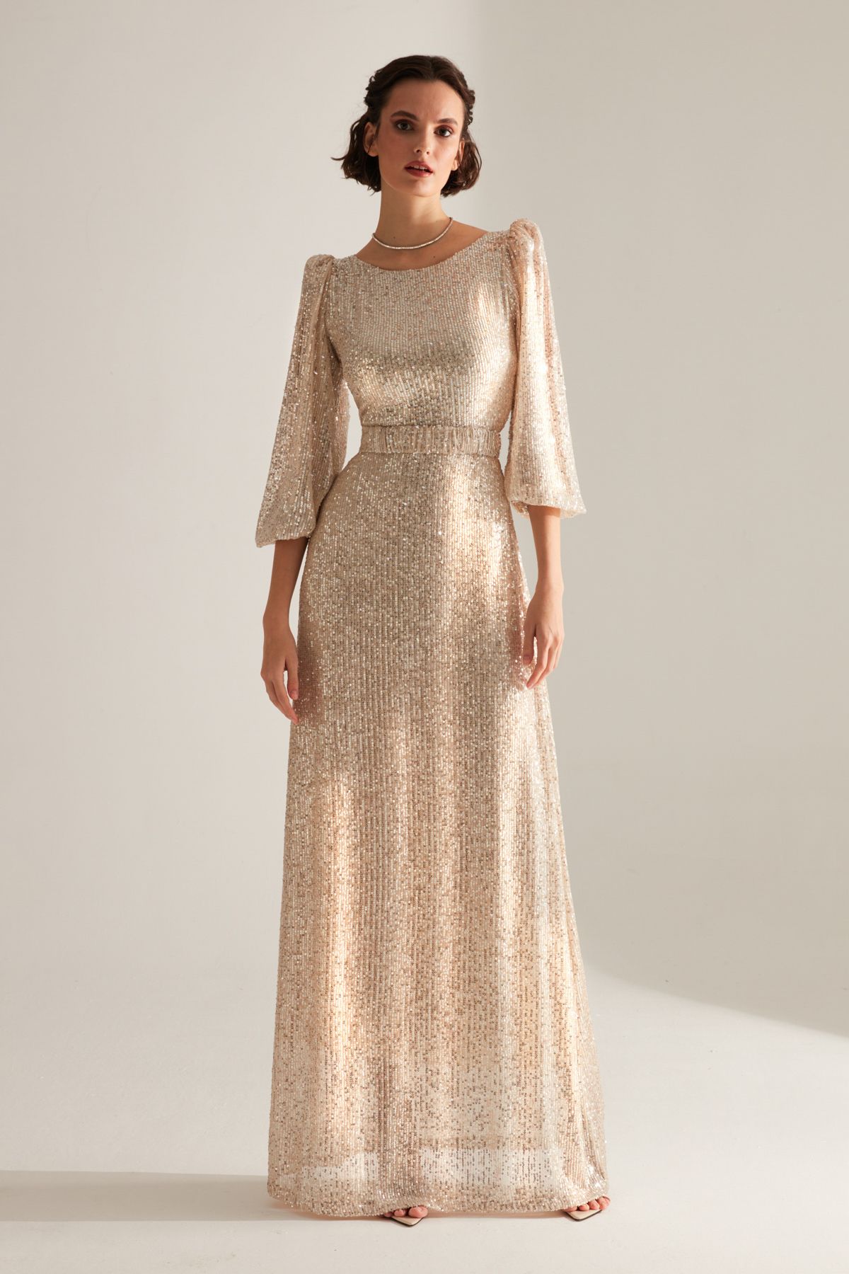Betty Sam Sparkly Sequined Gold Balloon Sleeve Maxi Length