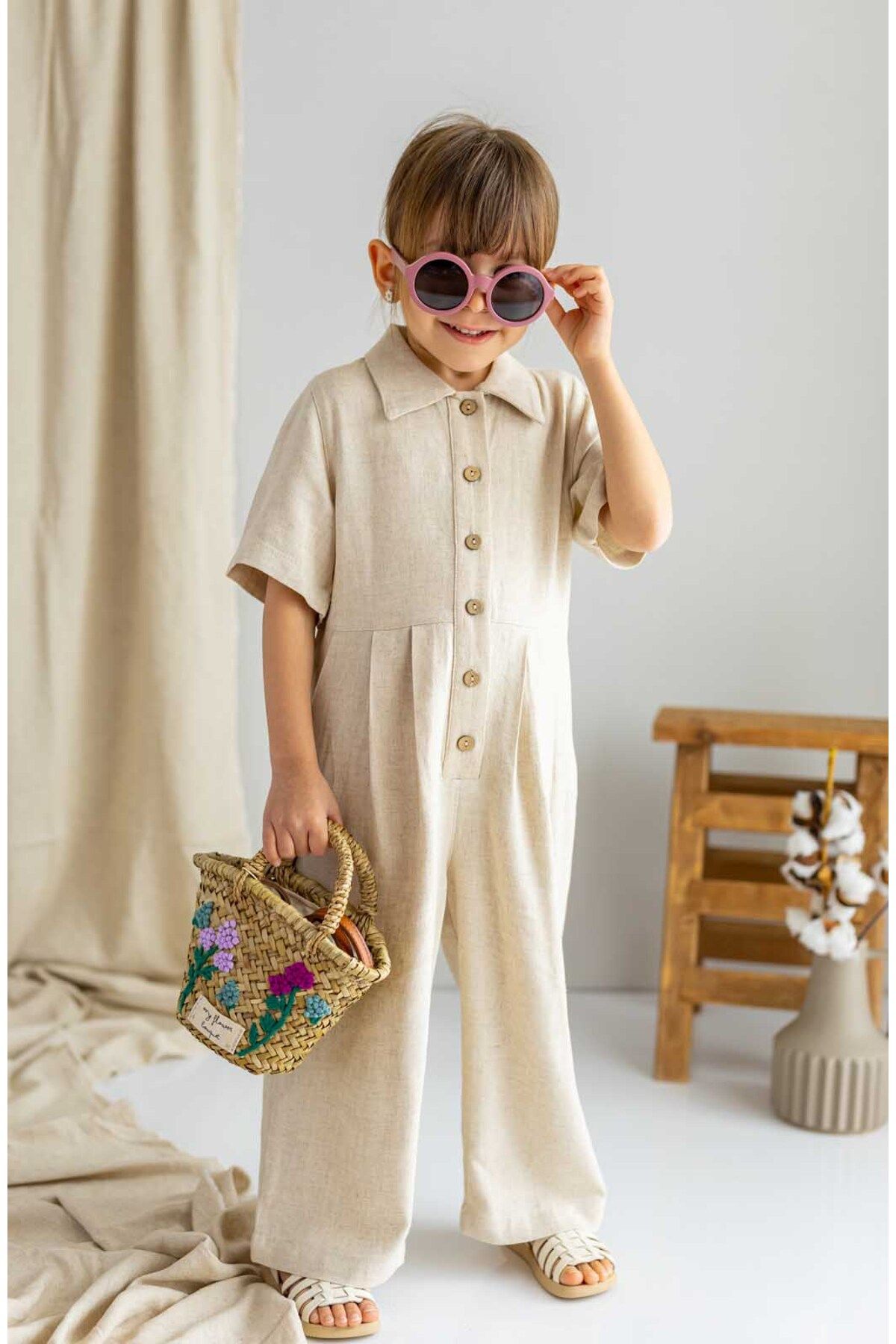 Oliven The Kid Beige Natural Linen Front Buttoned Waist Pleated