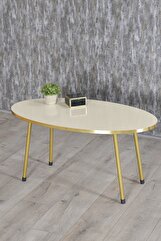 Gold Metal Oval Orta Sehpa Krem