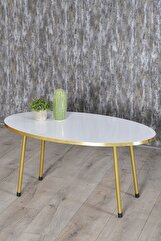 Gold Metal Oval Orta Sehpa Beyaz