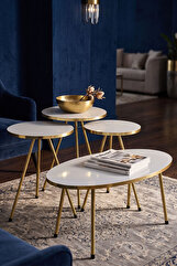 Gold Oval Sehpa Seti Beyaz 4'lü