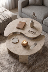 Orta Sehpa 2'li Sehpa Seti Oval Modern Dekoratif Salon Oturma Odası Sehpası Denge 9254 Traverten