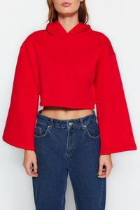 Trendyol Collection-Rotes, dickes Fleece innen, lockere Passform, kurzes Strick-Sweatshirt mit spanischen Ärmeln und Kapuze, TWOAW24SW00284 4