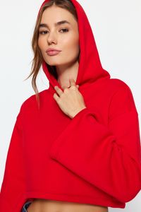 Trendyol Collection-Rotes, dickes Fleece innen, lockere Passform, kurzes Strick-Sweatshirt mit spanischen Ärmeln und Kapuze, TWOAW24SW00284 3