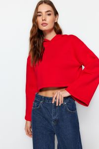 Trendyol Collection-Rotes, dickes Fleece innen, lockere Passform, kurzes Strick-Sweatshirt mit spanischen Ärmeln und Kapuze, TWOAW24SW00284 2