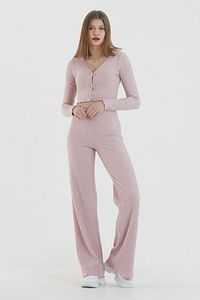 Kadın Pembe Önden Düğmeli Uzun Kollu Crop Takım
