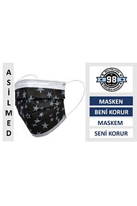 Siyah Yıldız Desenli Meltblown Filter %98+ Koruma 3 Katlı Ultrasonik Medikal Maske 50 Adet