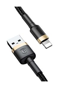 Cafule Serisi iPhone Lightning Uyumlu Örgülü 1 Metre 2.4A Kevlar Şarj ve Data Kablosu Gold Black