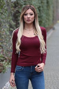 Kadın Bordo Bisiklet Yaka Uzun Kollu Slim Fit Body