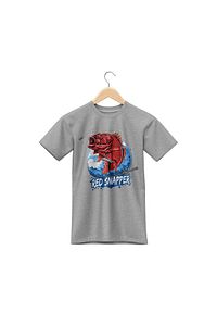 Unisex Gri Kırmızı Balık Baskılı Kısa Kol T-Shirt