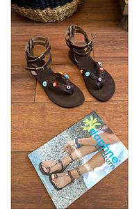 El Yapımı Hakiki Deri Kahve Nazar Boncuklu Bodrum Sandaleti - 4049
