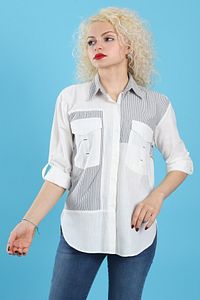 Kadın Garnili Cepli Düğmeli Katlanabilir Uzun Kollu Arkası Uzun Asimetrik Kesim Laci Ekru Gömlek