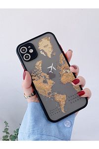 Iphone 11 Uyumlu Siyah Kamera Lens Korumalı Dünya Harita Desenli Lüx Telefon Kılıfı